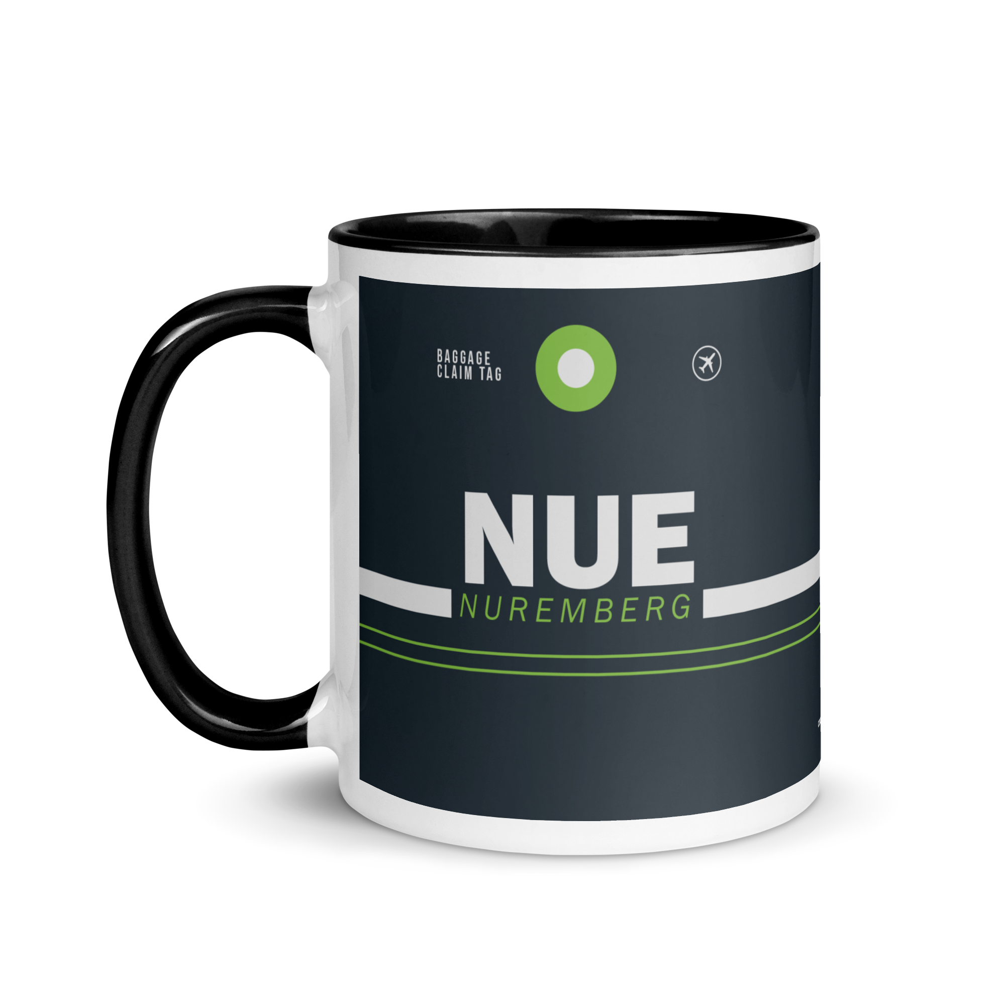 NUE - Nuremberg Flughafencode Tasse mit farbiger Innenseite