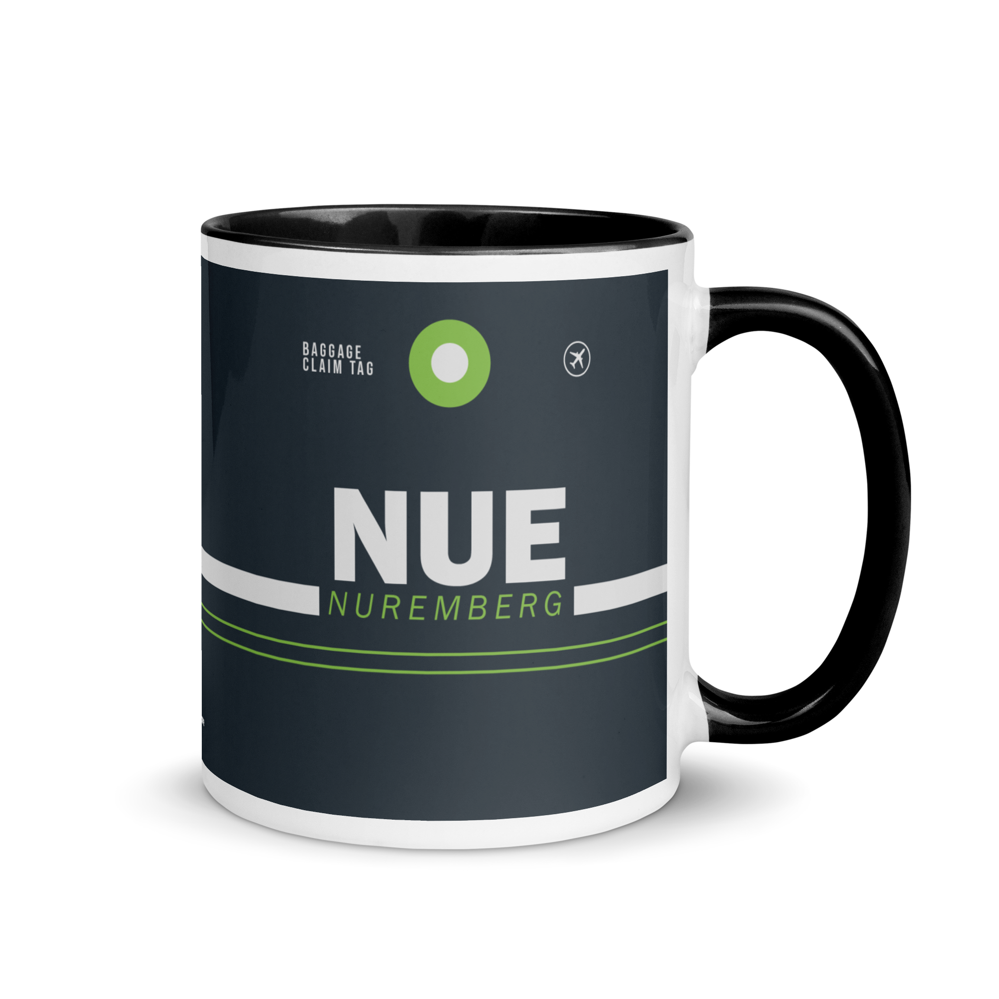 NUE - Nuremberg Flughafencode Tasse mit farbiger Innenseite